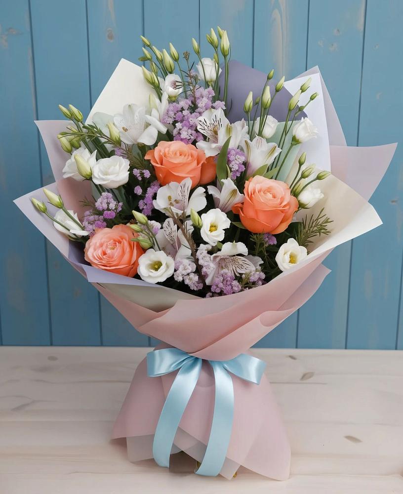 Букет цветов из: Лизиантусы, Розы, Альстромерии и Гипсофила в Угловском