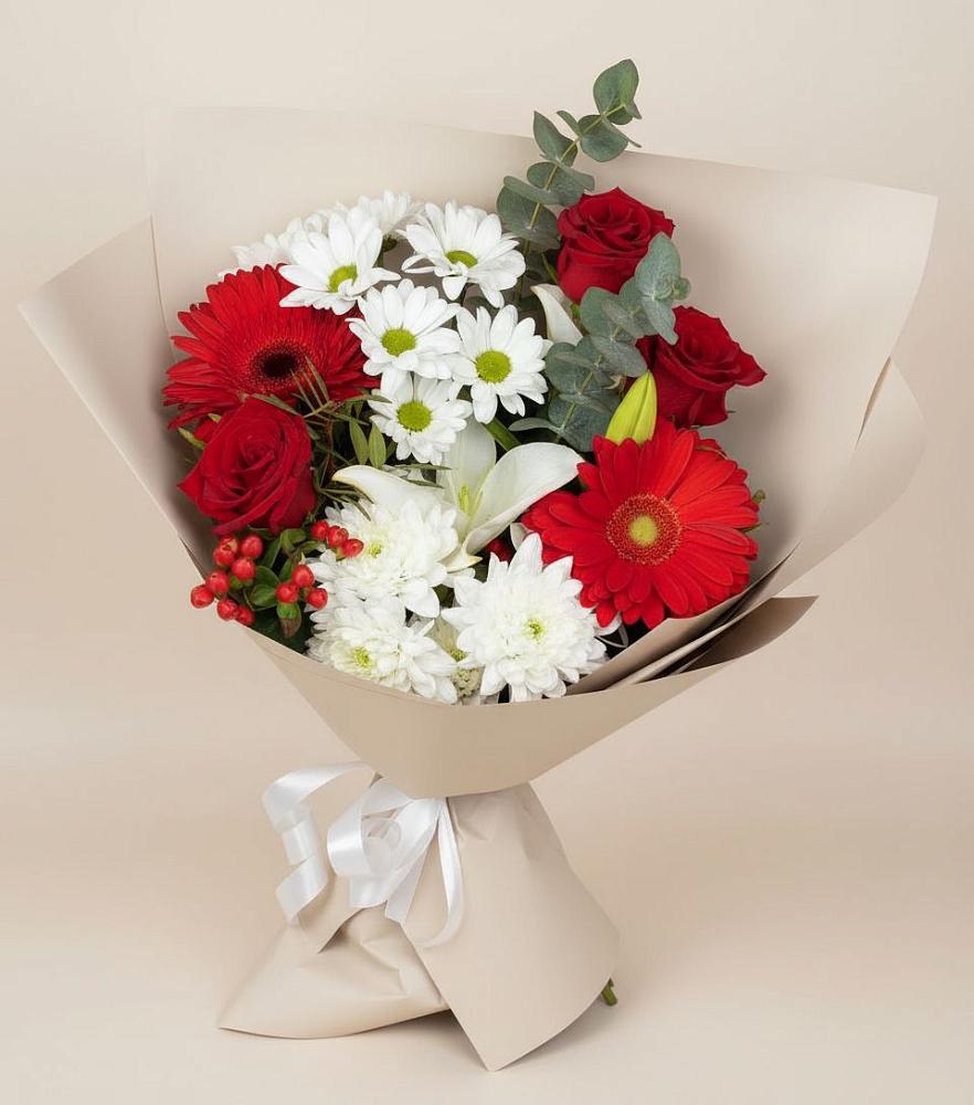 Букет цветов из: Розы, Хризантемы, Герберы и Лилии в Угловском
