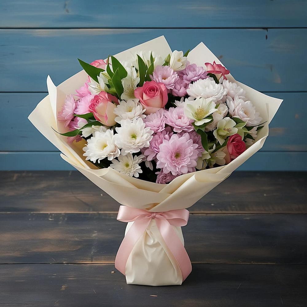 Букет цветов из: Хризантемы, Альстромерии и Розы в Угловском